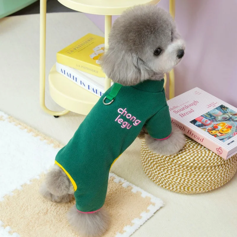 Ropa de cuatro patas para perros, monos con Bordado de letras para perros, pijamas de felpa para cachorros, monos bonitos y sólidos para gatos, monos para mascotas - imagen 3