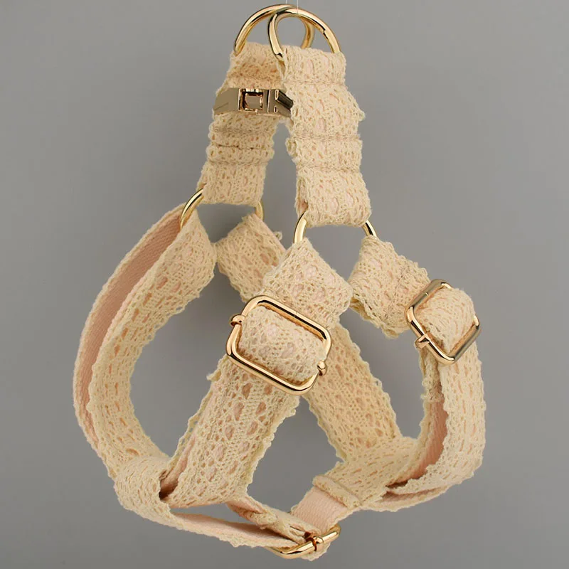 Correas de encaje Beige personalizadas para perros pequeños, medianos y grandes, arnés de encaje con logotipo grabado gratis para identificación de cachorros