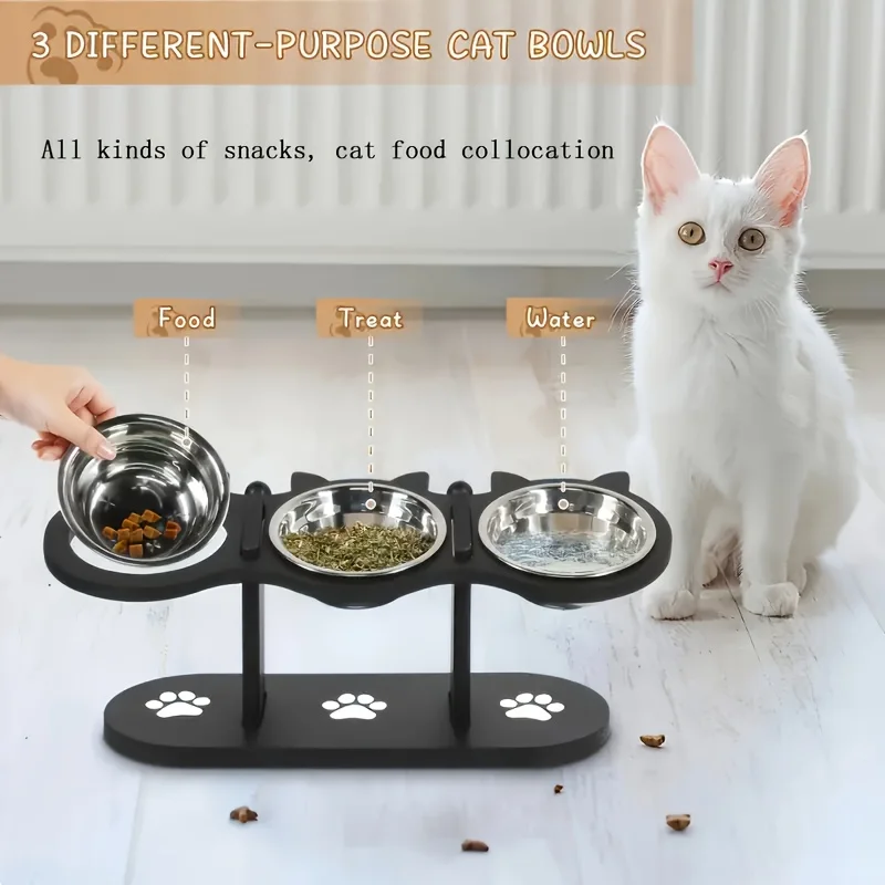 Cuenco elevado para gatos de 3 niveles con soportes de soporte, cuenco de comida para mascotas inclinado con soporte de ángulo ajustable de madera y acero inoxidable de 15 grados - imagen 3