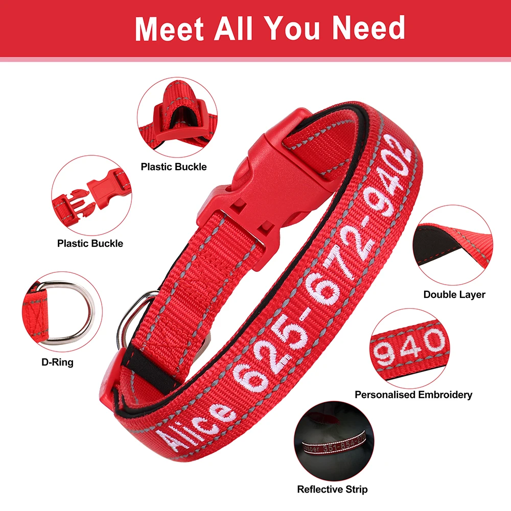 Collar de nailon bordado para perro, collares personalizados para cachorros y gatos, collares reflectantes para identificación de mascotas, identificación de nombre de teléfono DIY para perros pequeños y grandes - imagen 4