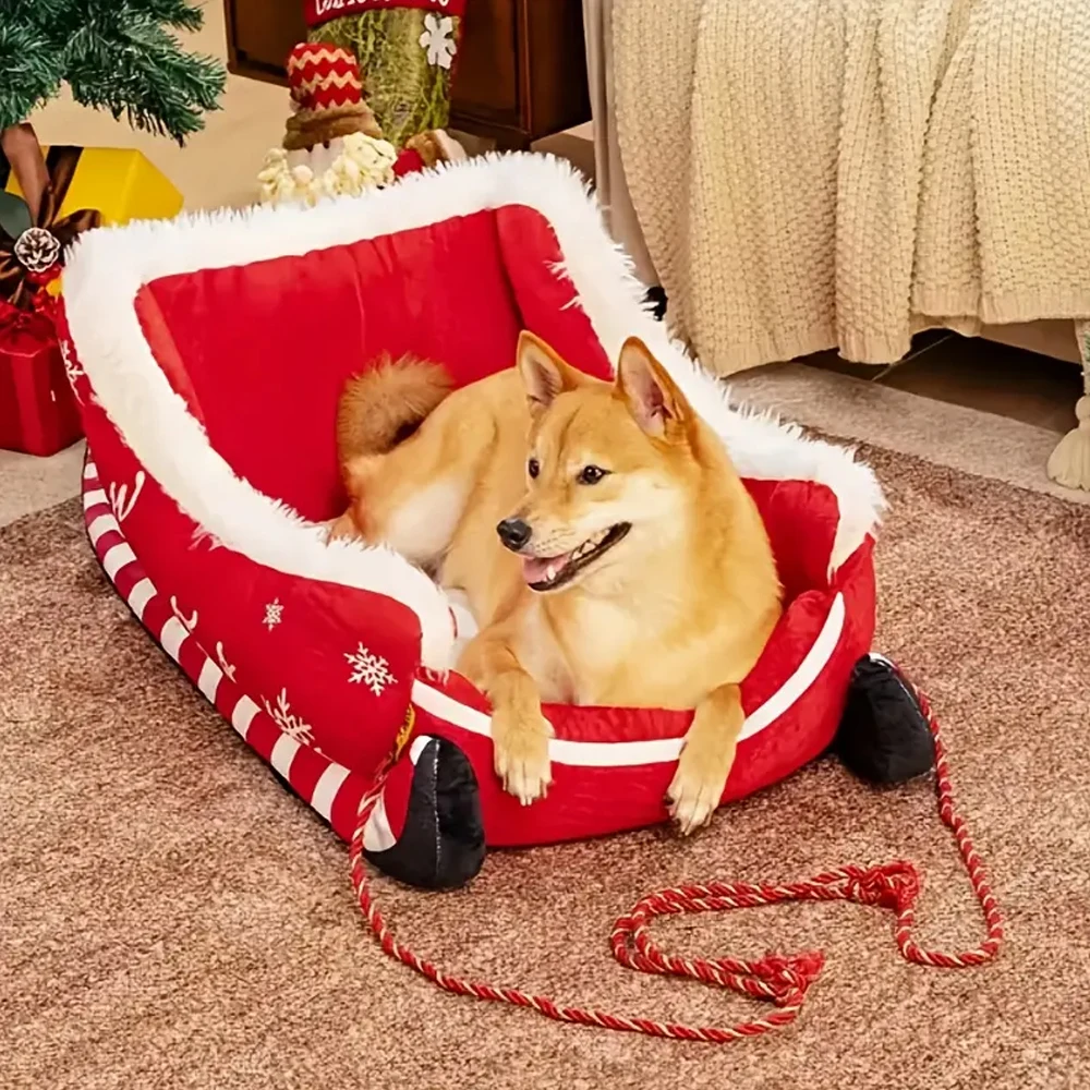Cama con trineo navideña, sofá cálido de felpa lavable y extraíble para mascotas con Base antideslizante, nido navideño para perros y gatos para invierno, interior y exterior - imagen 3
