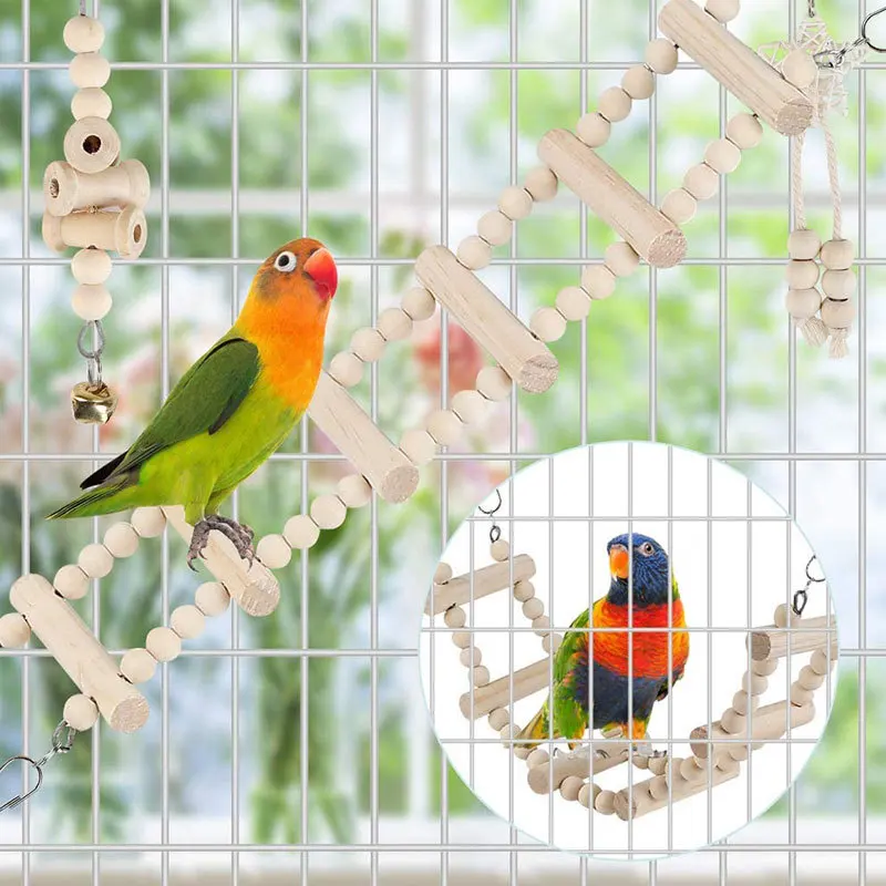 Juego de combinación de juguetes de madera para pájaros, 9 piezas, jaula colgante para pájaros, juguete para loros, soporte para Columpio de escalera, palo, accesorios para jaula para loros, suministros para pájaros - imagen 4