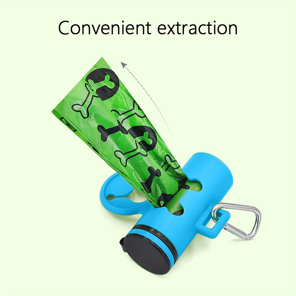Bastoncillos de basura azules con bolsa para excrementos de perros, dispensador de bolsas de basura portátil con gancho, 1 rollo, 15 bolsas, dispensador de bolsas de basura para cachorros y gatos