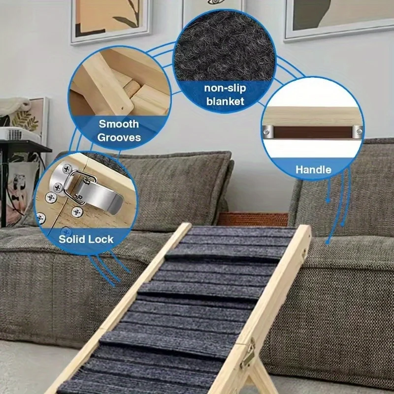 Rampa ajustable para perros para cama, rampa de madera plegable, escaleras para perros para conseguir en la cama, sofá, coche, razas pequeñas a grandes con estera de tracción - imagen 4