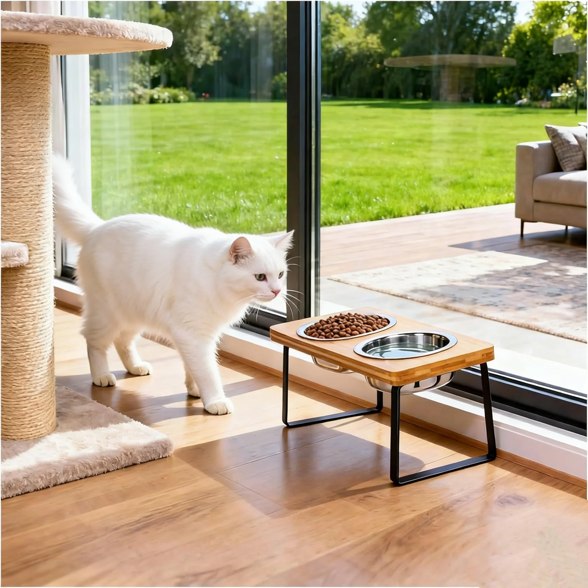Comedero elevado para gatos de acero y madera natural - imagen 2