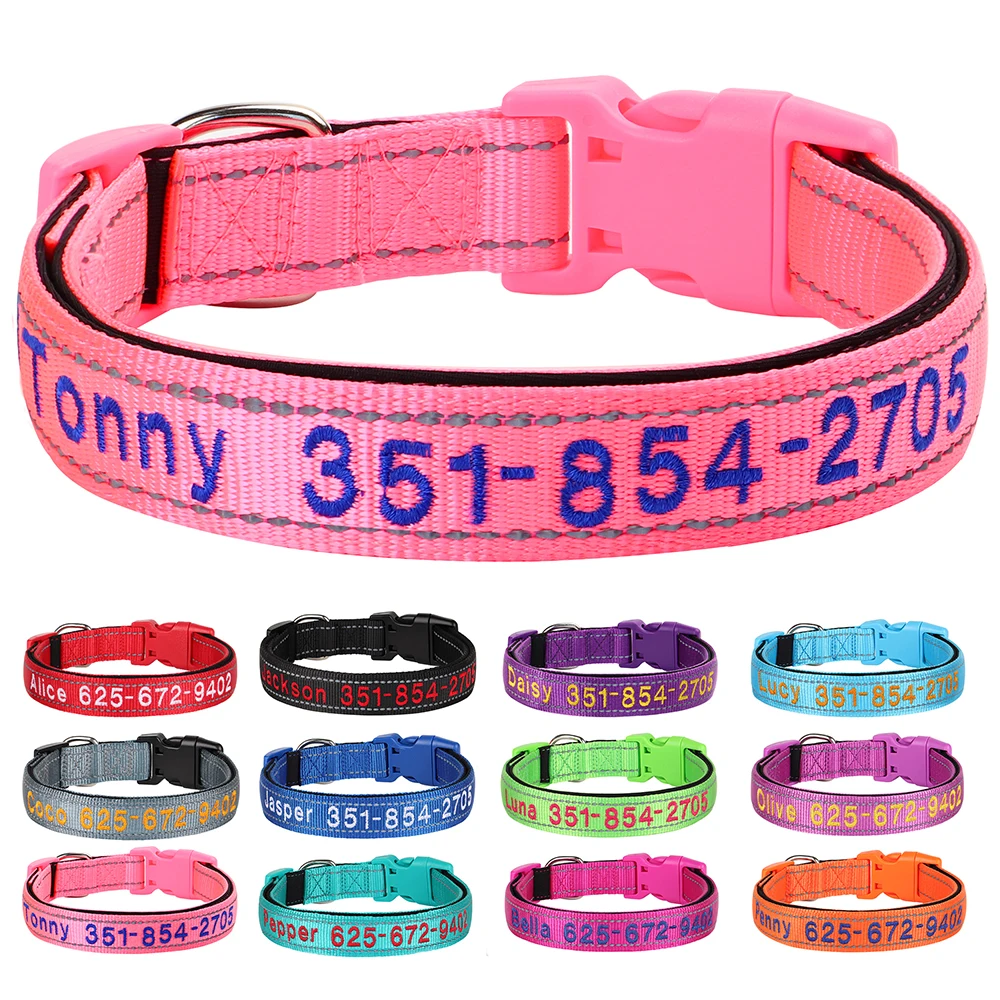 Collar de perro de nailon bordado, Collar de perro personalizado gratis, nombre de identificación de mascota reflectante, número de teléfono. Para perros pequeños, medianos y grandes Pug ajustable