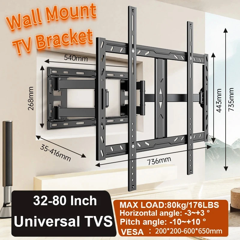 Soporte de pared para TV de movimiento completo para pantallas de 32-80 pulgadas: brazo articulado resistente con capacidad para 80 kg máx. VESA 650 x 600 mm, se adapta al LCD LED OLED