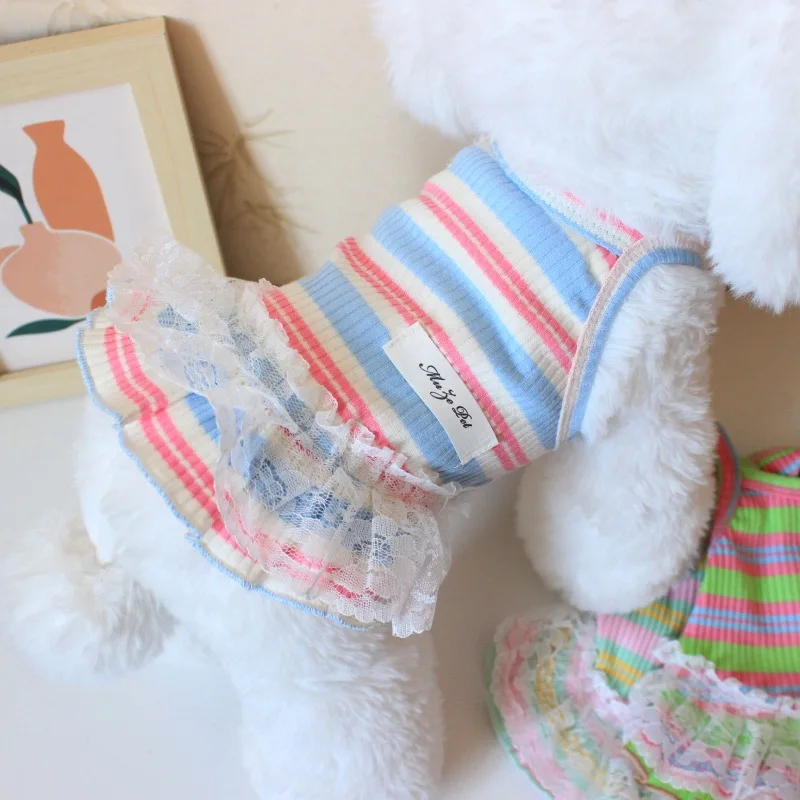 Ropa de verano para cachorros, traje para mascotas, vestido de encaje a rayas para perros, chaleco para gatos, falda con tirantes para Chihuahua Bichon Yorkie, camiseta bonita para perros y mujeres - imagen 5