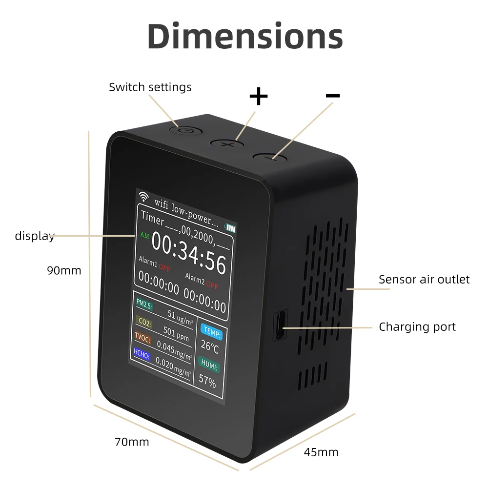 Detector de calidad del aire multifuncional WIFI, Monitor inteligente de temperatura y humedad PM2.5 CO2 TVOC HCHO con visualización de hora y fecha - imagen 5