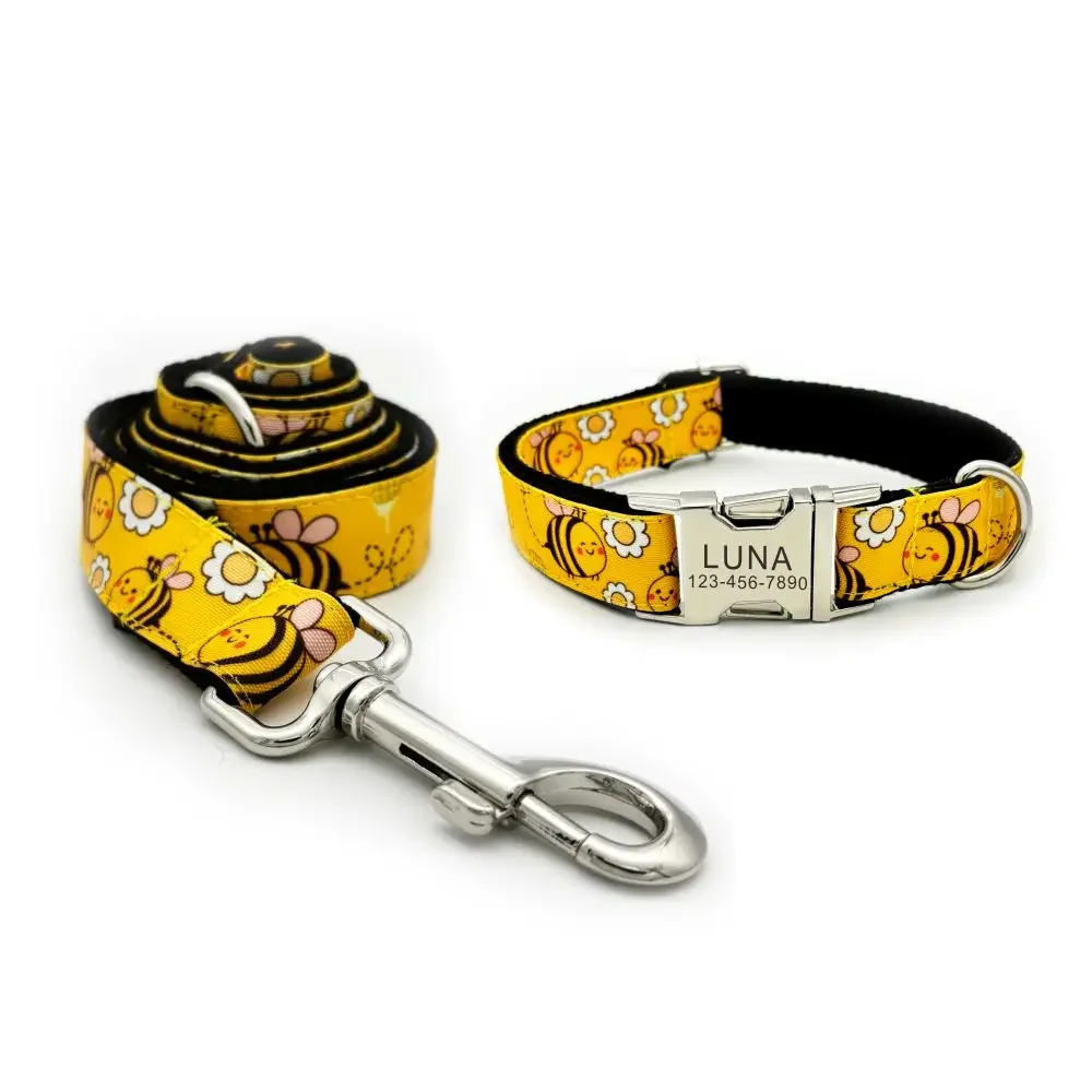 Collar de perro personalizado, Collar para mascotas personalizado, grabado gratis, placa de identificación, etiqueta para mascota, lindo abeja, miel, amarillo, collares para cachorros