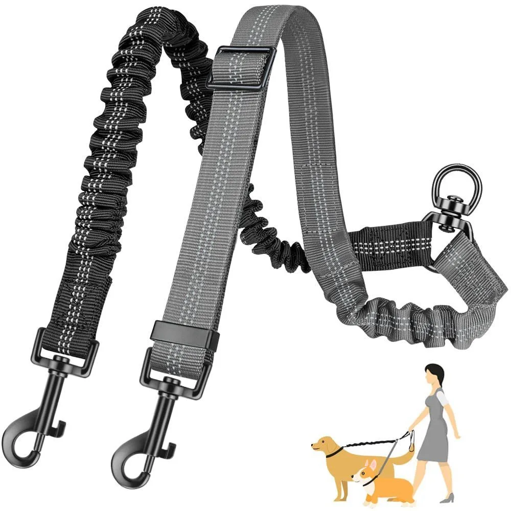 Acoplador de correa doble reflectante para perros, ajustable, sin enredos, nailon, doble plomo para mascotas para perros grandes y pequeños con cuerda elástica - imagen 5