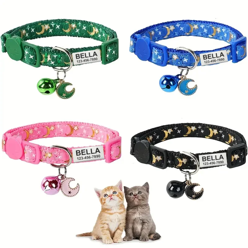 Collar con etiqueta de identificación de gato personalizado con campana, estrella, Luna, perro, cachorro, gato, gatito, Collar con anillo de campana de seguridad ajustable, joyería para gato