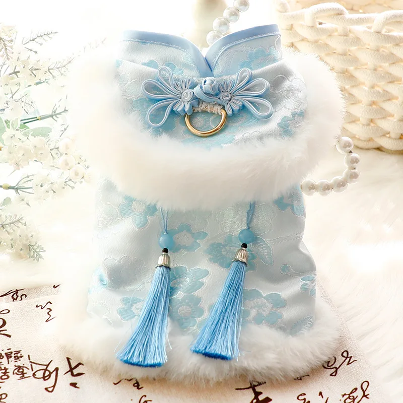 Ropa para perros, ropa de otoño e invierno, ropa gruesa de princesa Tang para gatos, cuello redondo con borlas frescas, suministros para mascotas de peluche para perros pequeños - imagen 3