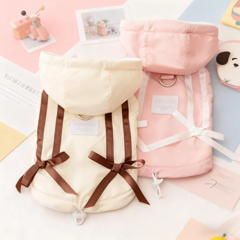 Chaqueta de plumón para perro con lazo bonito, ropa de invierno para perro, abrigo cálido con capucha para cachorro con anillo en D, chaleco para gato a la moda, disfraz para mascota Chihuahua