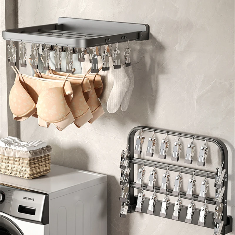 BEISHI-estante de secado de calcetines de aluminio plegable montado en la pared, Clips a prueba de viento, pinza para ropa, toalla, sujetador, colgador de ropa, accesorios de baño - imagen 3