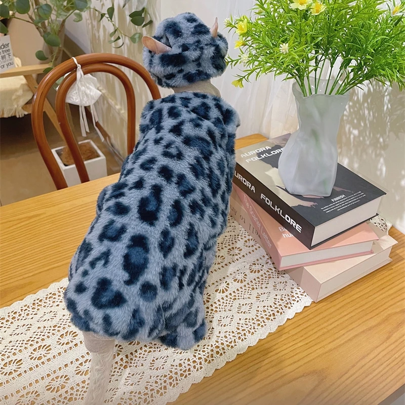 Traje de sombrero de suéter de 4 patas de vellón cálido de invierno para Sphynx Chaleco sin mangas azul grueso para gato Abrigo de leopardo suave para Devon Rex - imagen 2