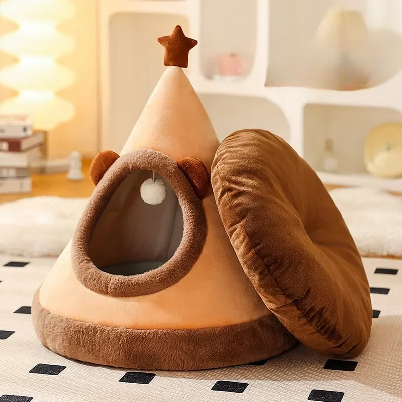 Nueva cama bonita de dibujos animados para gatos, tienda para dormir profunda, nido para gatos, casa lavable cálida y acogedora para cachorros pequeños y medianos, suministros de invierno para mascotas - imagen 5