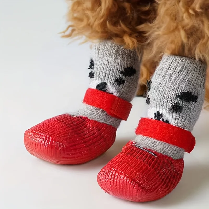 4 unids/lote de zapatos para perros, calcetines antideslizantes para cachorros, botas cálidas para perros, protectores de patas para perros pequeños, suministros para mascotas - imagen 3