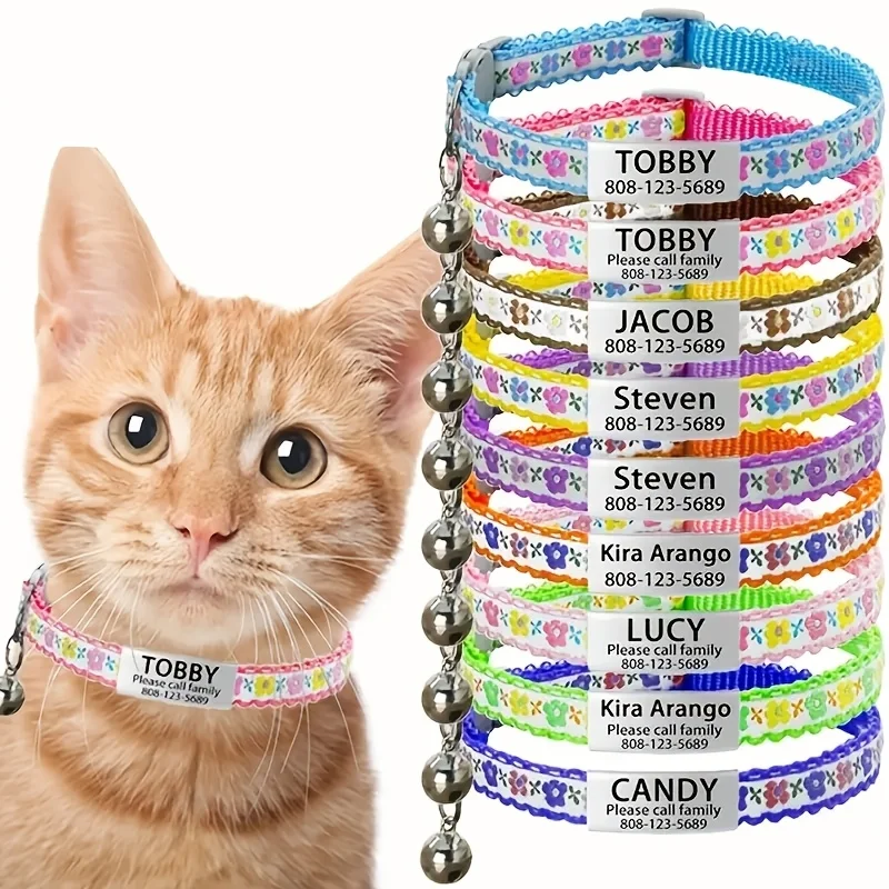 Collar de encaje personalizado para gatos, Collar de seguridad ajustable, etiqueta de nombre grabada, suave con campana, Collar para mascotas para gatos y perros pequeños