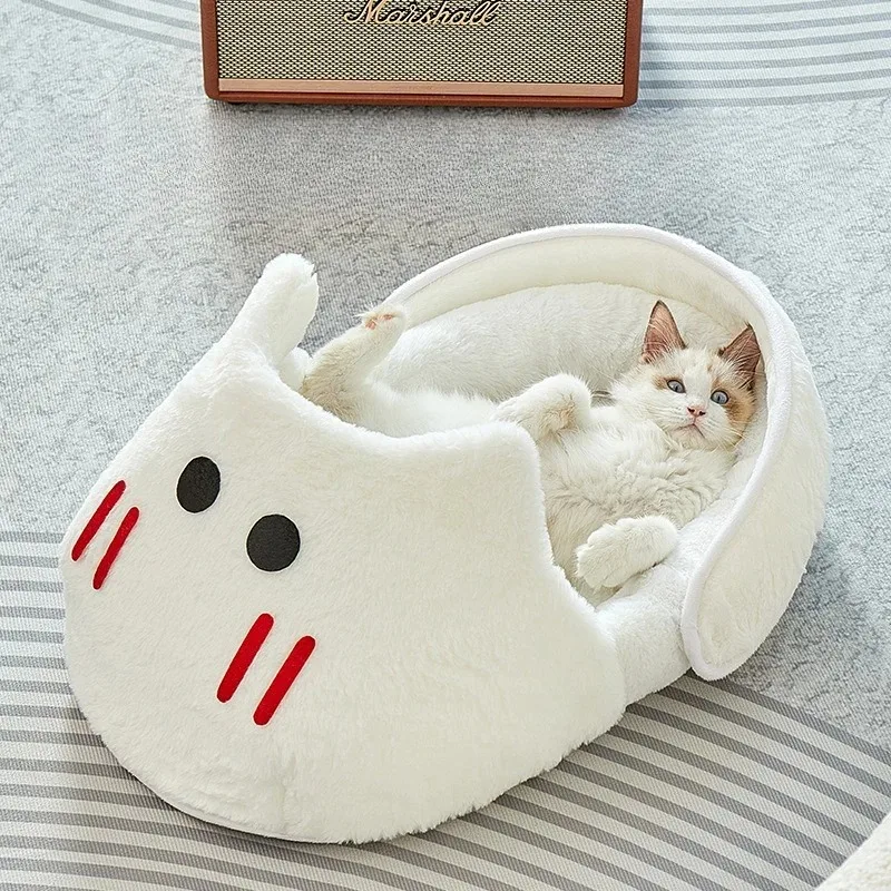 Cama para gatos de peluche semicerrada, cama suave, cómoda y cálida para gatos, cama creativa para dormir en interiores de lana esponjosa para perros pequeños y medianos
