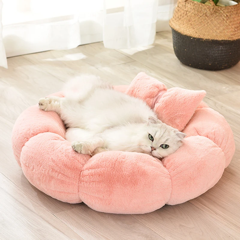 Camas interiores para perros, nido de flores calmante con almohada, autocalentable, para mascotas, sofá suave redondo y antideslizante para cachorros y gatos - imagen 2