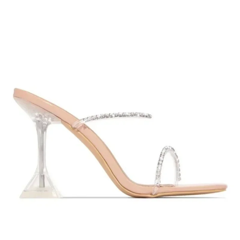 Zapatos de tacón alto con punta cuadrada y correa grande para mujer, fino con diamantes de imitación Sandalias de tacón, zapatillas de copa de vino, novedad de verano 2024 - imagen 5