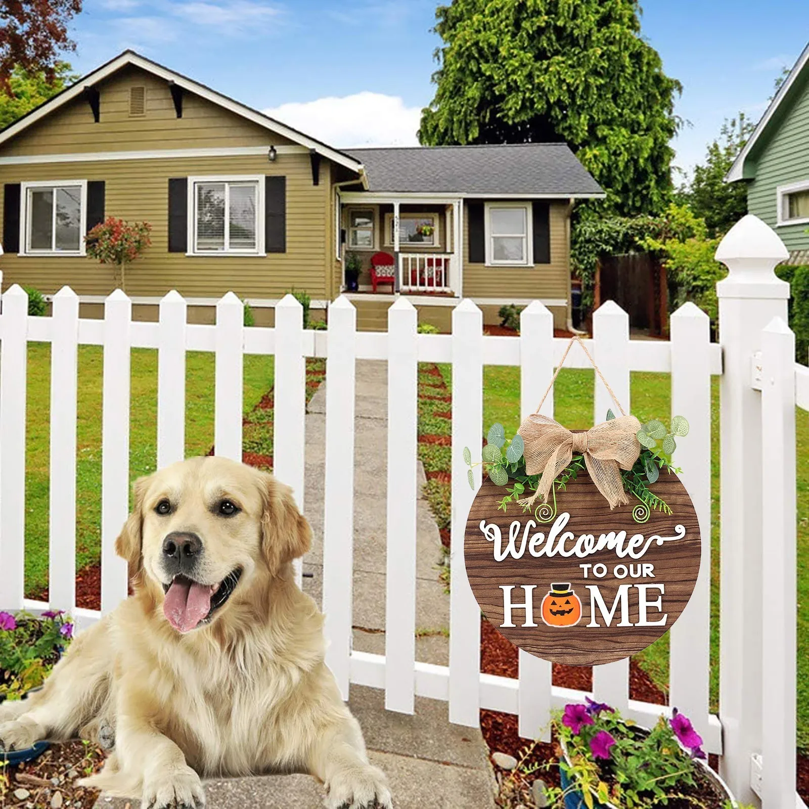 Letreros de bienvenida para puerta, decoración colgante de madera para puerta familiar, adorno para puerta de jardín, bricolaje, decoración de vacaciones - imagen 4
