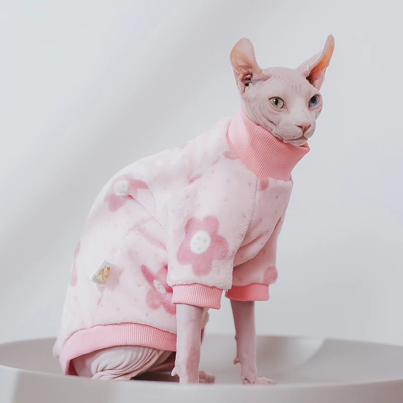 Sphynx Cat Clothes Winter Warm Pet Cat Hoodies Cute Floral Soft Flannel Kitten Cat Pajamas Costumes For Sphinx Devon Rex Cats - imagen 2