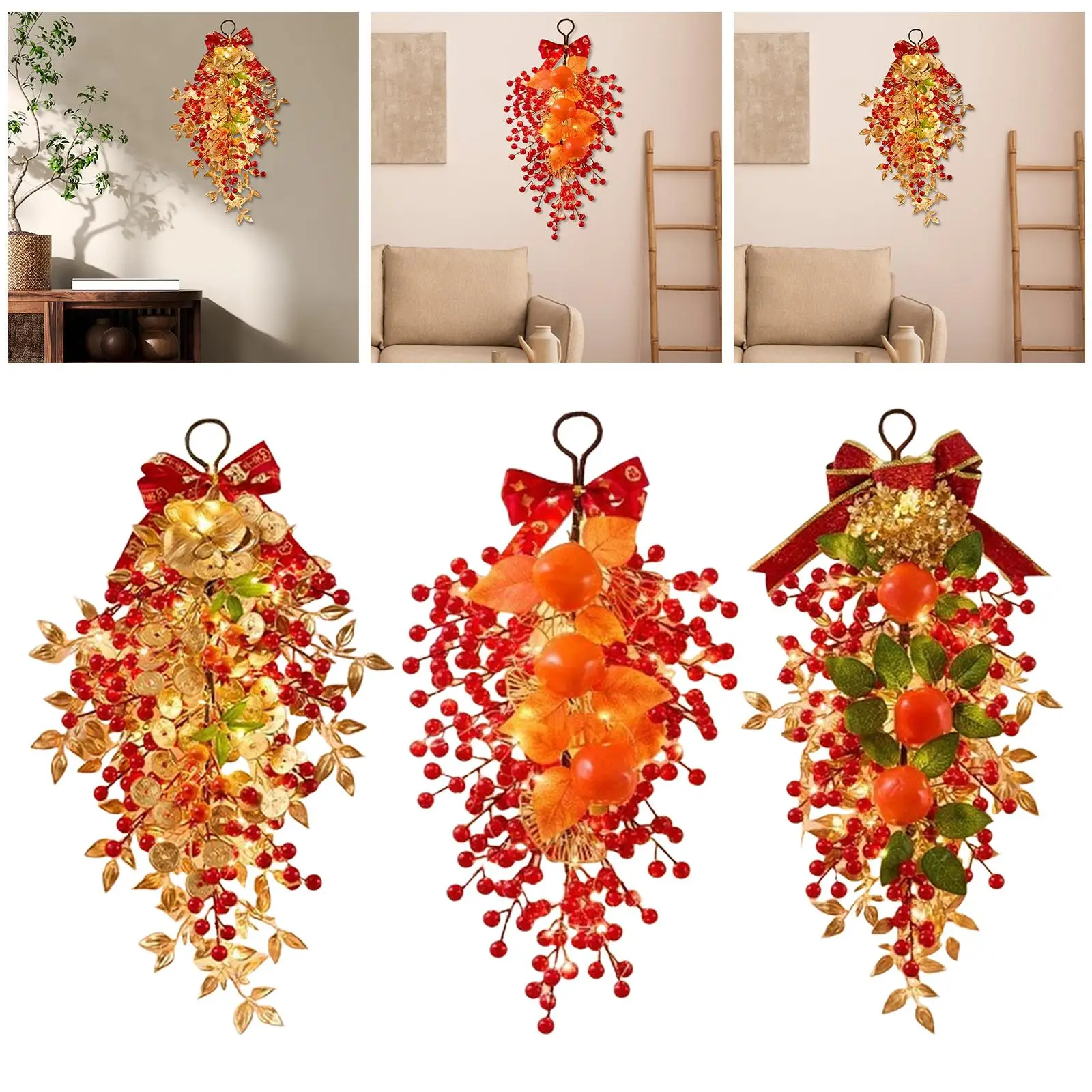 Corona de Año Nuevo Chino, decoración de puerta Artificial de PVC con luces LED, guirnalda de Festival de Primavera para entrada de fiesta en casa - imagen 4