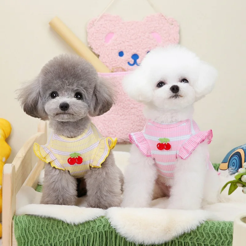 Camiseta para cachorros, ropa a rayas para perros, chaleco de verano para perros, ropa para gatos, ropa para Chihuahua Bichon, camisetas interiores para perros con mangas voladoras bonitas - imagen 2