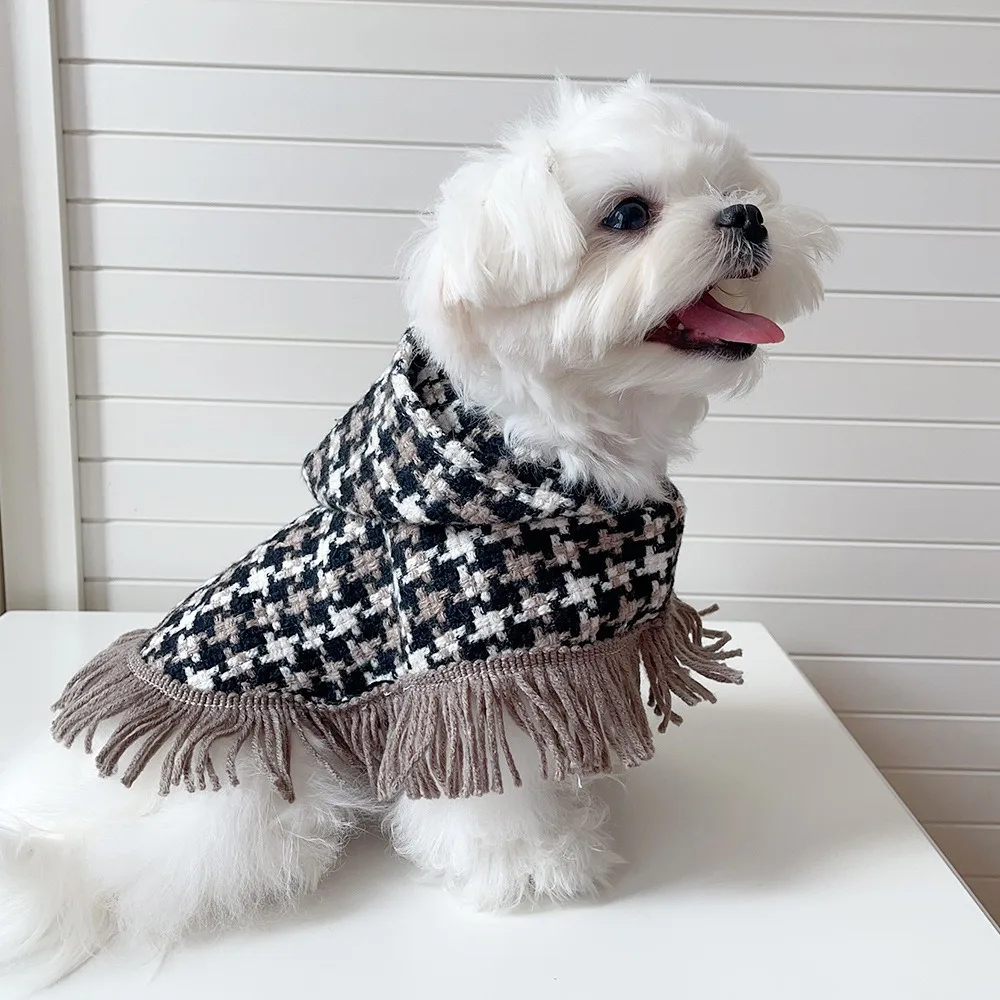 Capa con capucha para perro, chaqueta de lana a cuadros, ropa para perro, capa con borlas, suministros para mascotas, chaqueta para perros pequeños - imagen 2