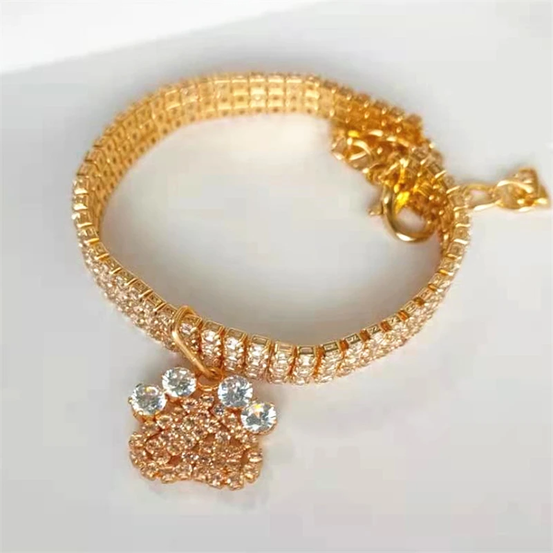 Collar de oro rosa con forma de pata para perro, Collar de circón sólido encantador para perros York, collares de gatito dorado, accesorios ajustables para mascotas y gatos - imagen 4