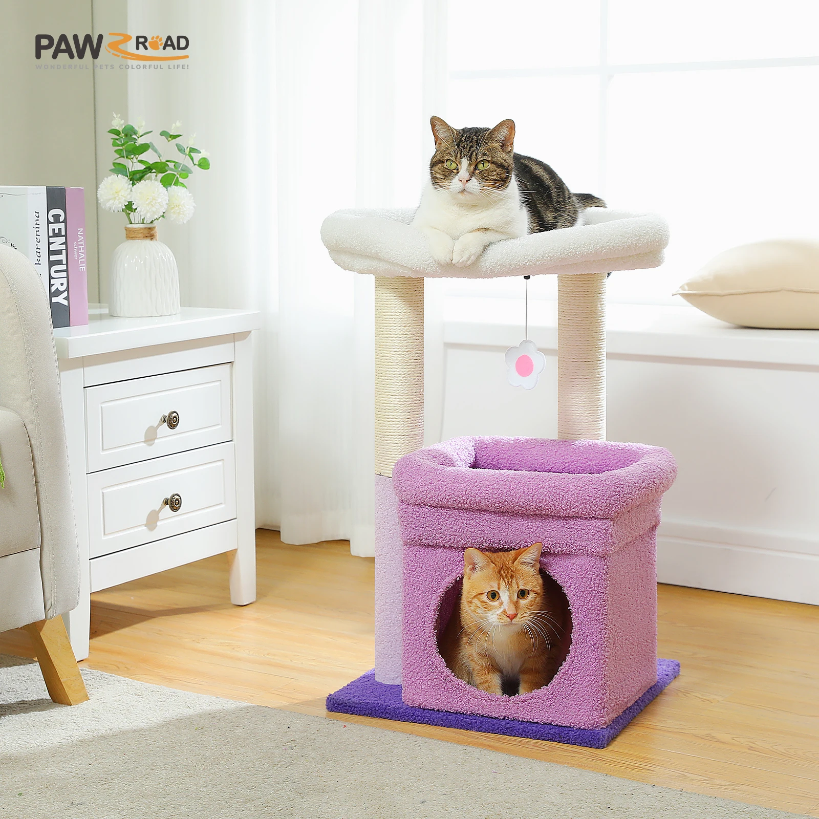 Torre para gatos con condo acogedor, perca superior ancha, postes de sisal natural, felpa suave, pompón juguetón adecuado para 1-2 gatos de interior - imagen 5