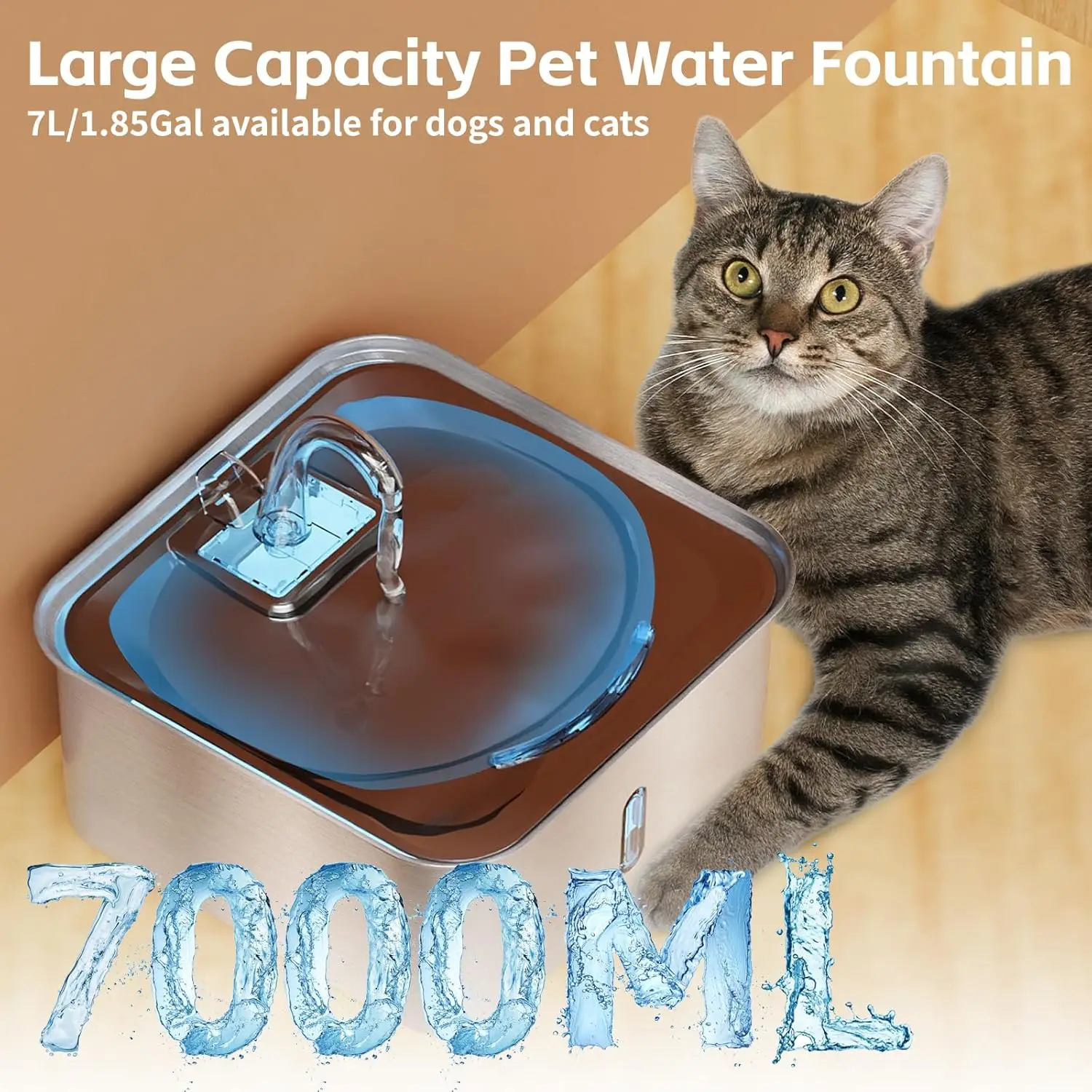 Dispensador de agua para mascotas de acero inoxidable de 7L, fuente automática para gatos, dispensador de agua inteligente para perros, tazón para beber con ventana Visual para perros grandes - imagen 5