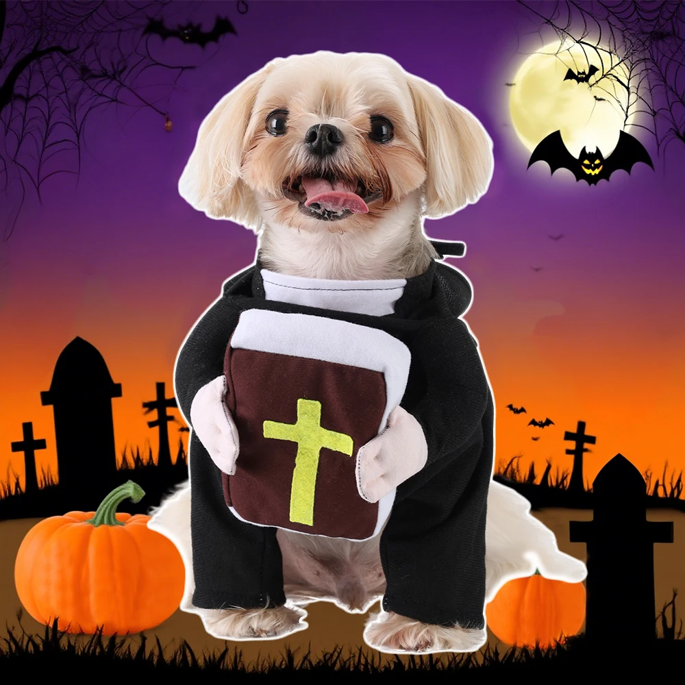 Disfraz de sacerdote para mascotas de Halloween, ropa divertida para perros con cruz de la Biblia para perros pequeños y grandes, vestido para cachorros, regalos de ropa de Navidad