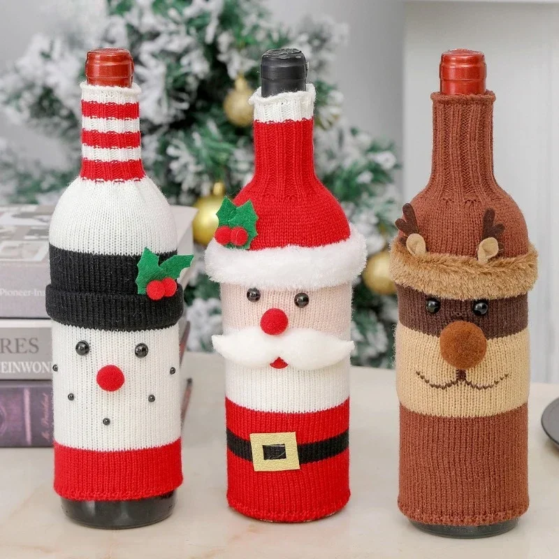 Decoración navideña para el hogar, cubierta para botella de vino tinto, Papá Noel, muñeco de nieve, alce, cubiertas tejidas para botellas de vino, decoración para fiesta de Navidad, 2024 - imagen 4