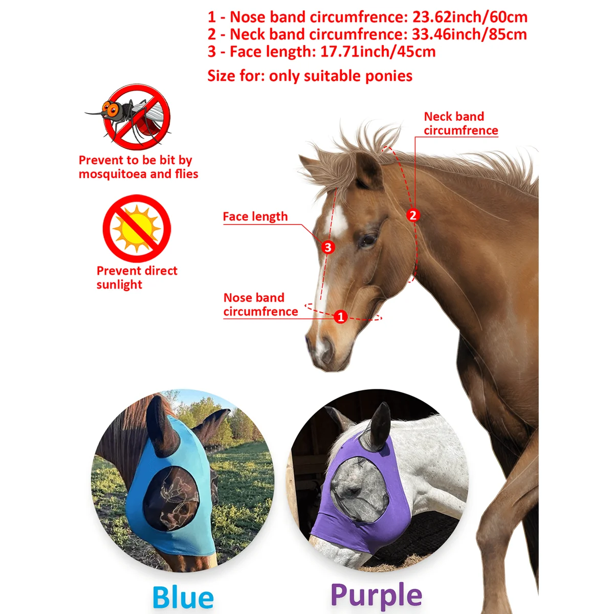 Careta anti-moscas con proteccion UV para caballo - Ajustable - imagen 5