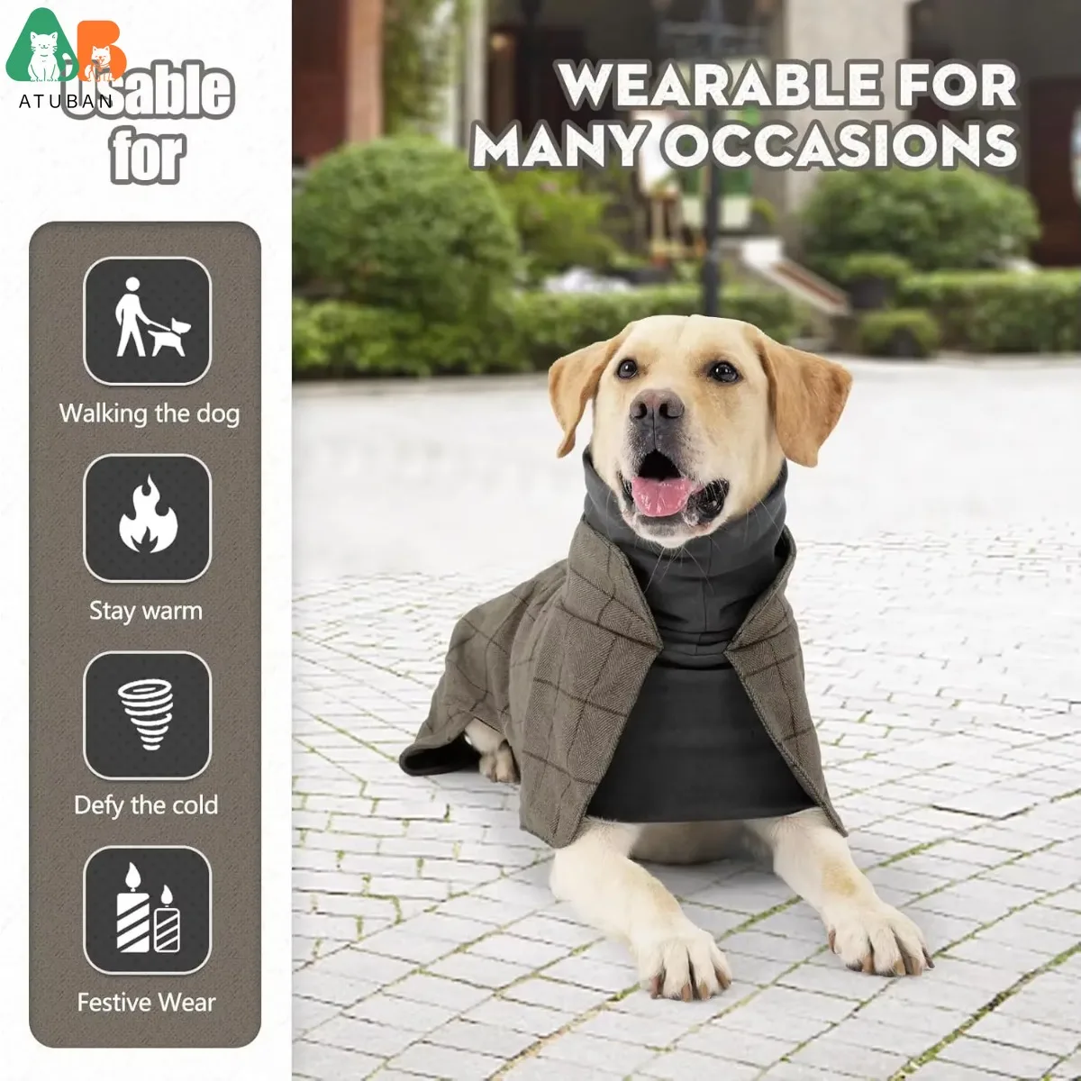 ATUBAN-abrigo cálido para perro, chaleco polar a cuadros inglés para perro, chaqueta cortavientos, ropa de invierno, ojales de tracción adecuados para todo tipo de perro - imagen 5