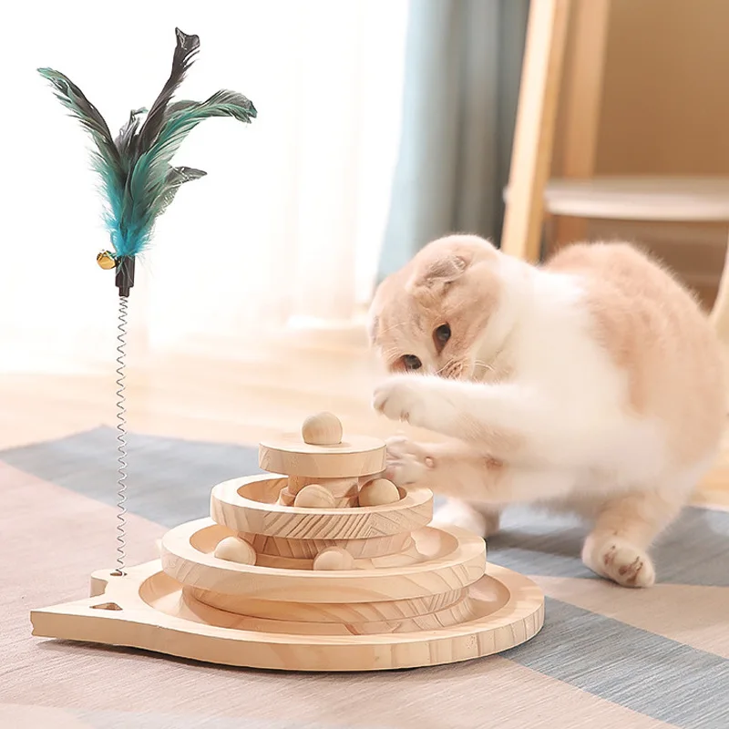 Juguete giratorio madera maciza para gatos bolas y palo de felicidad