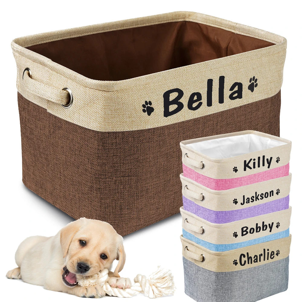 Caja de lona personalizada para mascotas, contenedor de almacenamiento plegable con impresión gratuita de nombre de perro y gato, bolsa de almacenamiento de juguetes para perros y gatos - imagen 2