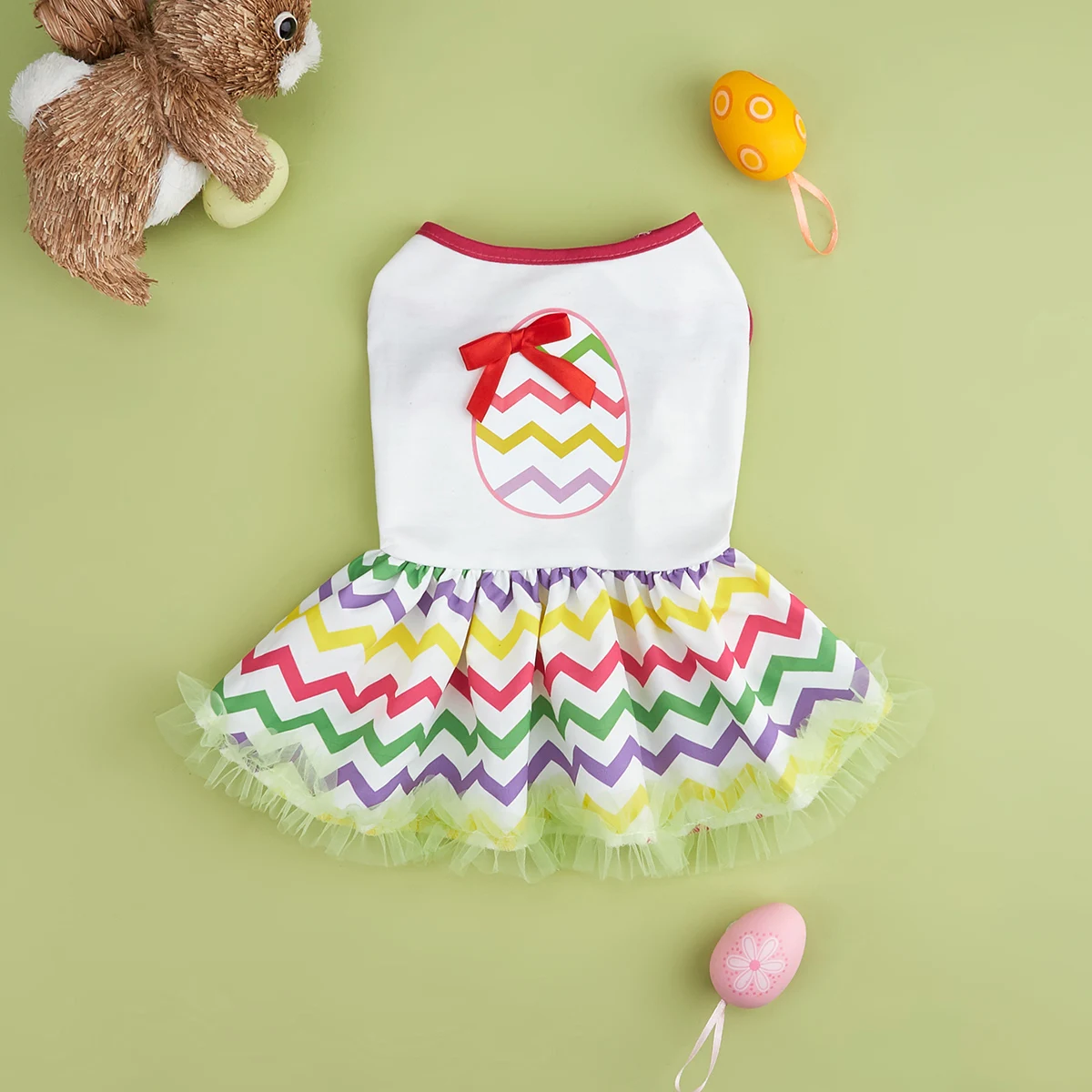 Vestido de Pascua para mascotas con huevo y lazo coloridos, falda de tul arcoíris, cintura elástica, lindo traje para cachorros, ropa de moda para perros pequeños - imagen 3