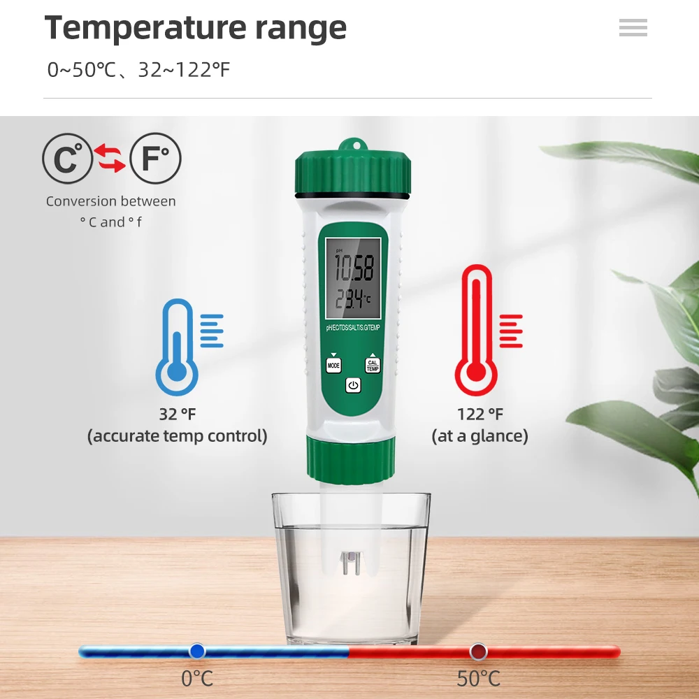 Probador de calidad del agua de alta precisión, Detector de temperatura 6 en 1, medidor de PH, prueba de temperatura para piscina y Acuario - imagen 4