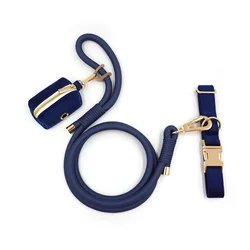 Collar y correa terciopelo azul personalizado para perro