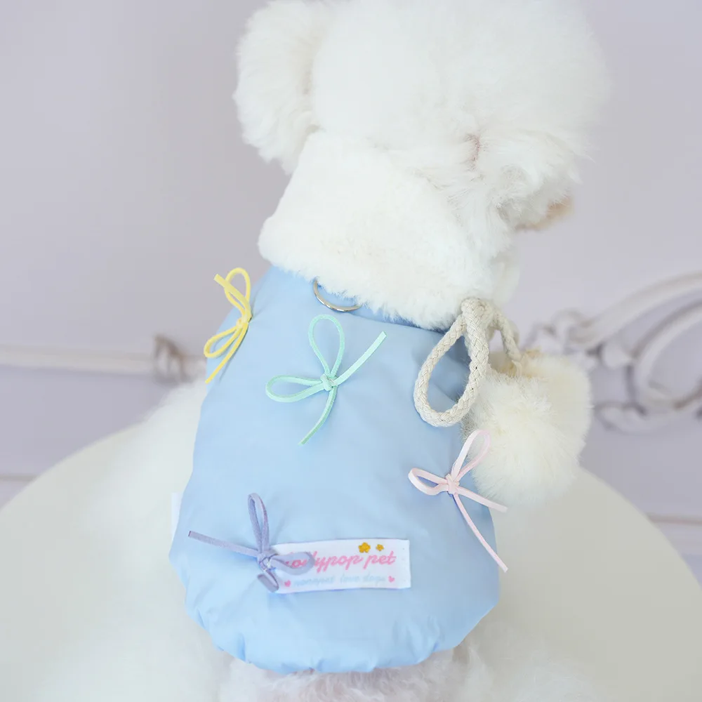 Otoño e Invierno mascota lindo arco grueso abrigo perro con cuello arco caliente camiseta sin mangas Teddy gato perro ropa para perros pequeños ropa para cachorros