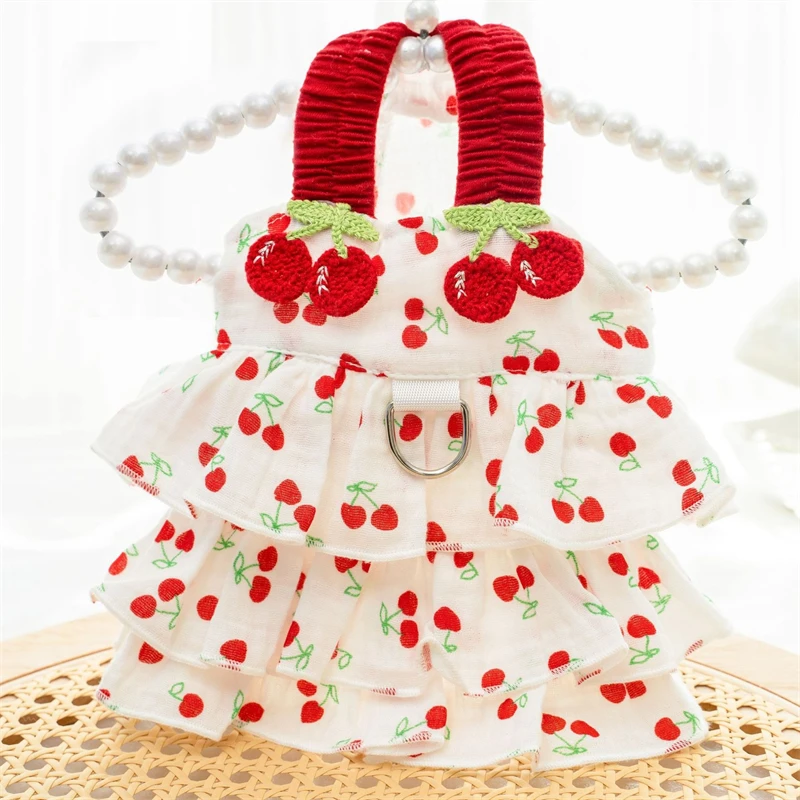 3 Layered Tutu Skirt for Medium Large Dogs Soft Cotton Cherry Print Pet Summer Dresses One Piece Princess Pet Cat Vest Overalls - imagen 4