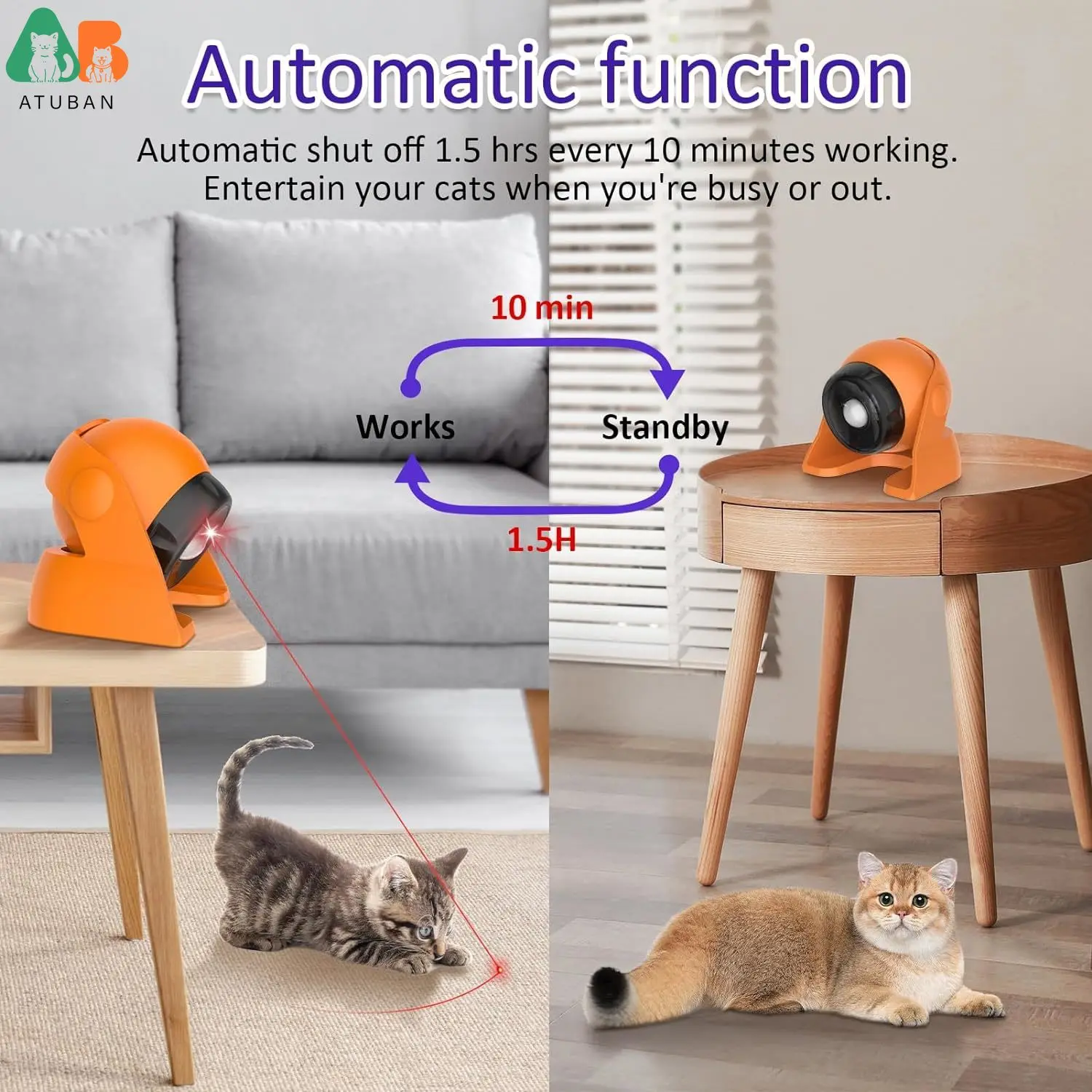 ATUBAN juguetes láser automáticos para gatos, juguetes interactivos para gatos con Sensor de movimiento Real incorporado, juguetes para mascotas recargables ajustables multiángulo - imagen 4
