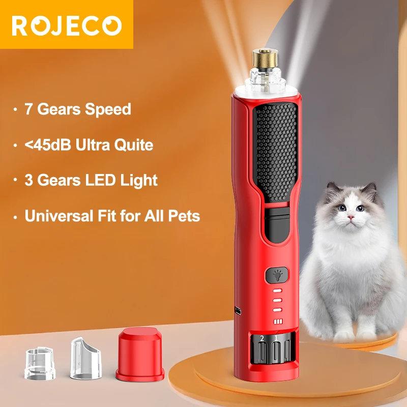 ROJECO-amoladora de uñas eléctrica para mascotas, cortaúñas recargable para el cuidado de las patas de perro, luz LED, 7 velocidades, amoladora de uñas ajustable con garra de gato