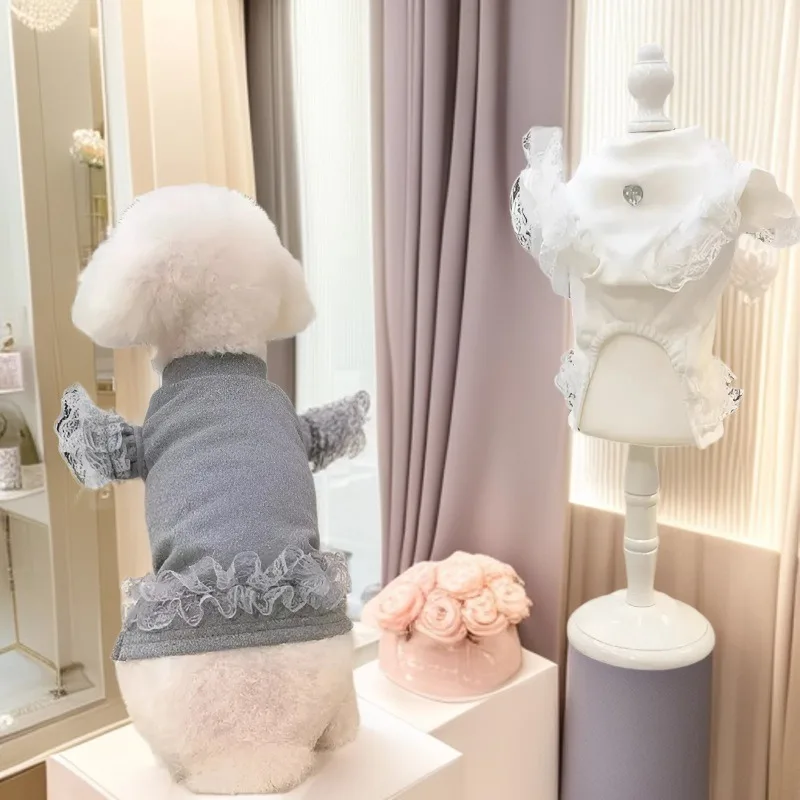 Camisa inferior de encaje para perros de otoño/invierno para mascotas, camiseta sin mangas con mangas voladoras de peluche para gatos, ropa para perros pequeños, ropa para cachorros - imagen 3