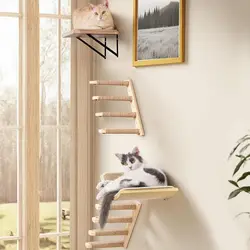 Mueble para gatos montado en pared con rascador y cama hamaca