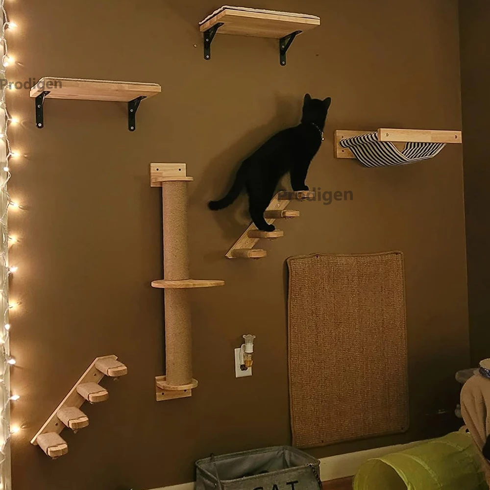 Estantes de escalada para gatos montados en la pared, rascador de muebles de madera, plataforma de salto, escalera de cuerda, para dormir y jugar - imagen 3